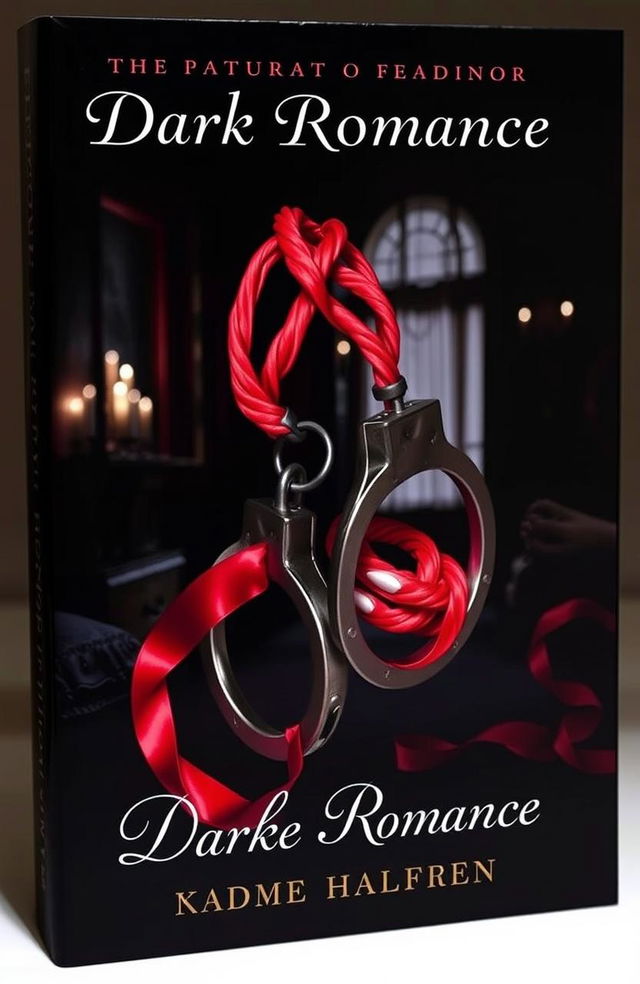 A captivating dark romance book cover featuring a dramatic scene with handcuffs artistically intertwined with red silk ropes