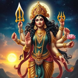 A powerful and divine representation of the goddess Durga, embodying strength and grace, adorned in traditional attire embellished with intricate gold jewelry