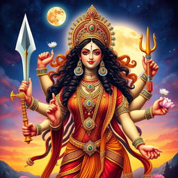 A powerful and divine representation of the goddess Durga, embodying strength and grace, adorned in traditional attire embellished with intricate gold jewelry