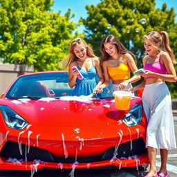 A vibrant and cheerful scene depicting three girls washing a bright red sports car on a sunny day