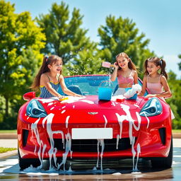 A vibrant and cheerful scene depicting three girls washing a bright red sports car on a sunny day