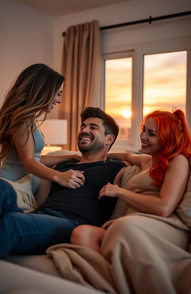 A romantic and intimate scene featuring three adult partners, a diverse mix including a tall, athletic woman with long, flowing brown hair, a muscular man with a charming smile and short black hair, and a petite woman with bright red hair and playful green eyes, all sitting close together on a cozy couch in a softly lit living room