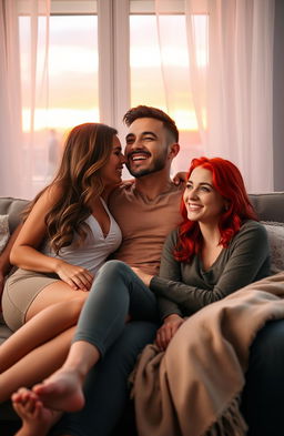 A romantic and intimate scene featuring three adult partners, a diverse mix including a tall, athletic woman with long, flowing brown hair, a muscular man with a charming smile and short black hair, and a petite woman with bright red hair and playful green eyes, all sitting close together on a cozy couch in a softly lit living room