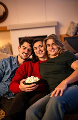 A romantic scene featuring three attractive young adults in a cozy, intimate setting