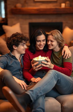 A romantic scene featuring three attractive young adults in a cozy, intimate setting