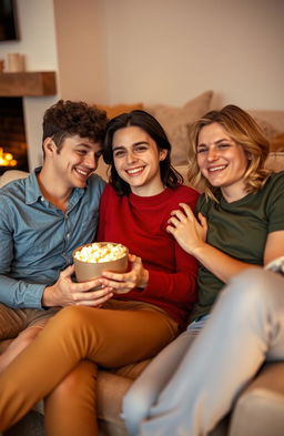 A romantic scene featuring three attractive young adults in a cozy, intimate setting