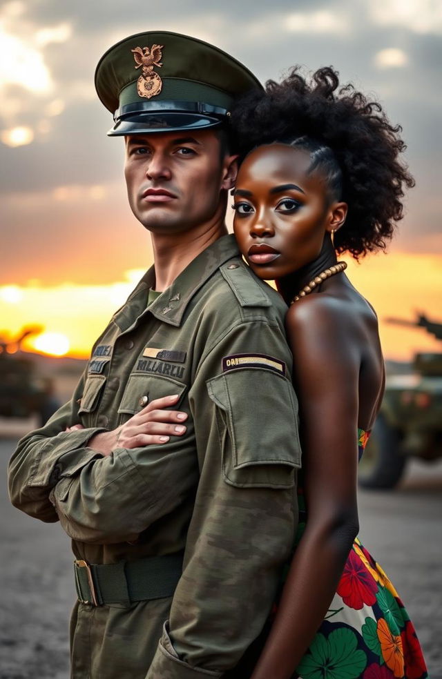 In a dramatic setting, a male military soldier in uniform stands proudly, embodying strength and discipline, alongside a beautiful black woman with stunning artistry, showcasing her unique style through vibrant, colorful attire