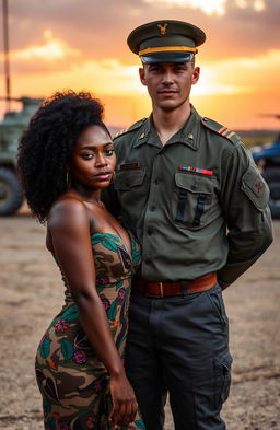 In a dramatic setting, a male military soldier in uniform stands proudly, embodying strength and discipline, alongside a beautiful black woman with stunning artistry, showcasing her unique style through vibrant, colorful attire