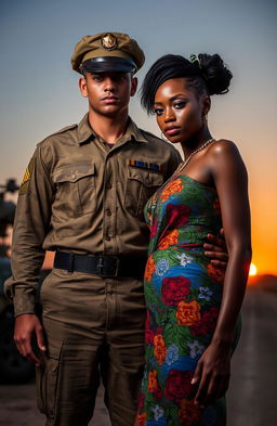 In a dramatic setting, a male military soldier in uniform stands proudly, embodying strength and discipline, alongside a beautiful black woman with stunning artistry, showcasing her unique style through vibrant, colorful attire