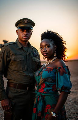 In a dramatic setting, a male military soldier in uniform stands proudly, embodying strength and discipline, alongside a beautiful black woman with stunning artistry, showcasing her unique style through vibrant, colorful attire