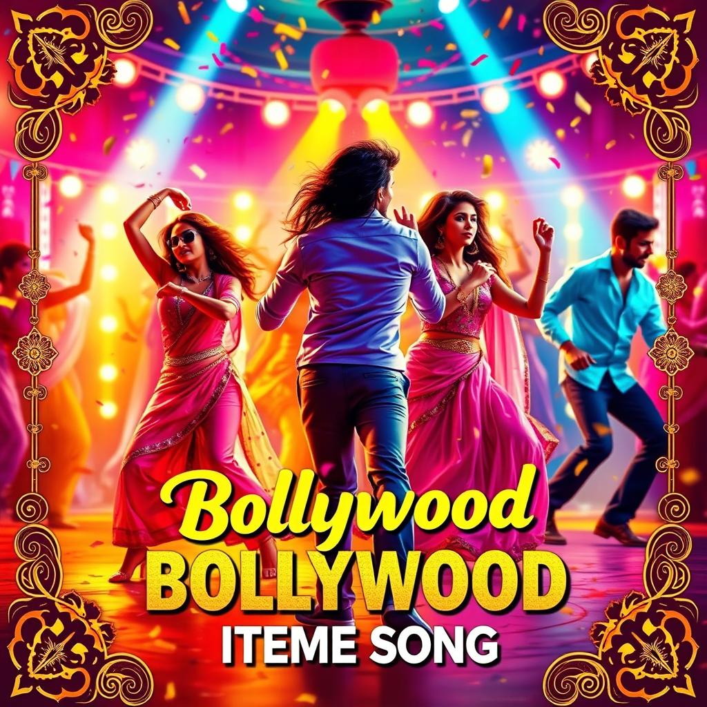 A vibrant and energetic poster design for a Bollywood item song, featuring colorful and dynamic backgrounds that capture the essence of the song