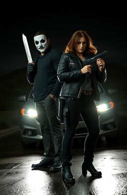 A full face masked man standing confidently, gripping a large knife in his hand, alongside a determined lady detective agent holding a Sig Sauer P229 in a defensive stance