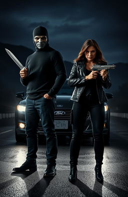 A full face masked man standing confidently, gripping a large knife in his hand, alongside a determined lady detective agent holding a Sig Sauer P229 in a defensive stance