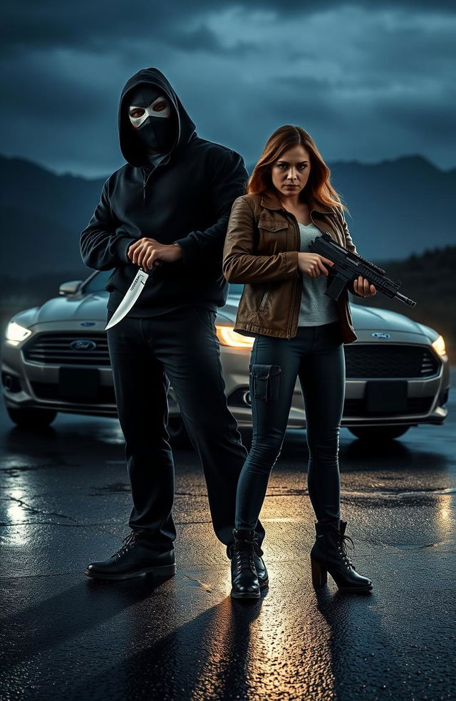 A full face masked man standing confidently, gripping a large knife in his hand, alongside a determined lady detective agent holding a Sig Sauer P229 in a defensive stance