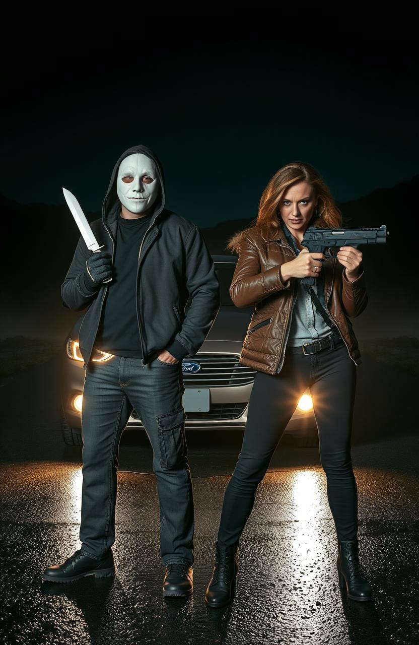 A full face masked man standing confidently, gripping a large knife in his hand, alongside a determined lady detective agent holding a Sig Sauer P229 in a defensive stance