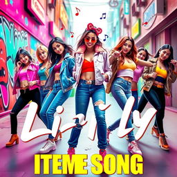 A vibrant and dynamic poster for a lively item song, featuring a group of stylish dancers in normal, fashionable clothing such as fitted jeans, trendy jackets, and colorful tops