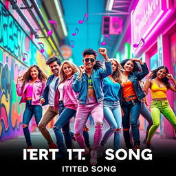 A vibrant and dynamic poster for a lively item song, featuring a group of stylish dancers in normal, fashionable clothing such as fitted jeans, trendy jackets, and colorful tops