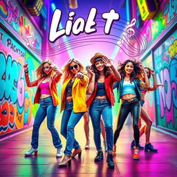 A vibrant and dynamic poster for a lively item song, featuring a group of stylish dancers in normal, fashionable clothing such as fitted jeans, trendy jackets, and colorful tops