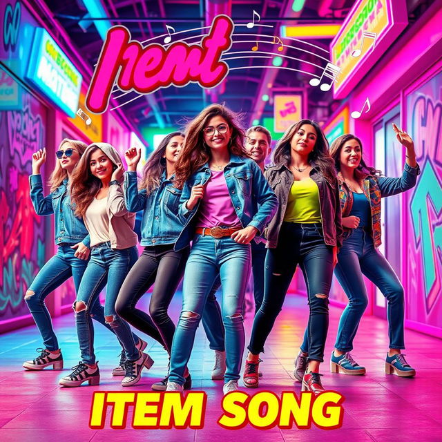 A vibrant and dynamic poster for a lively item song, featuring a group of stylish dancers in normal, fashionable clothing such as fitted jeans, trendy jackets, and colorful tops