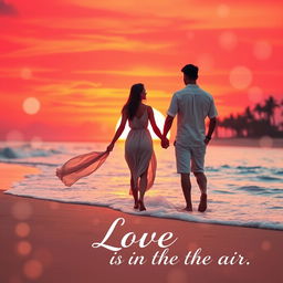 A romantic poster featuring a stunning sunset at the beach, with a couple holding hands, silhouetted against the vibrant orange and pink hues of the sky