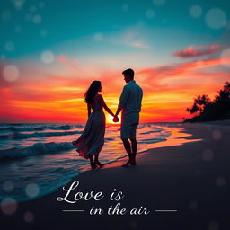 A romantic poster featuring a stunning sunset at the beach, with a couple holding hands, silhouetted against the vibrant orange and pink hues of the sky