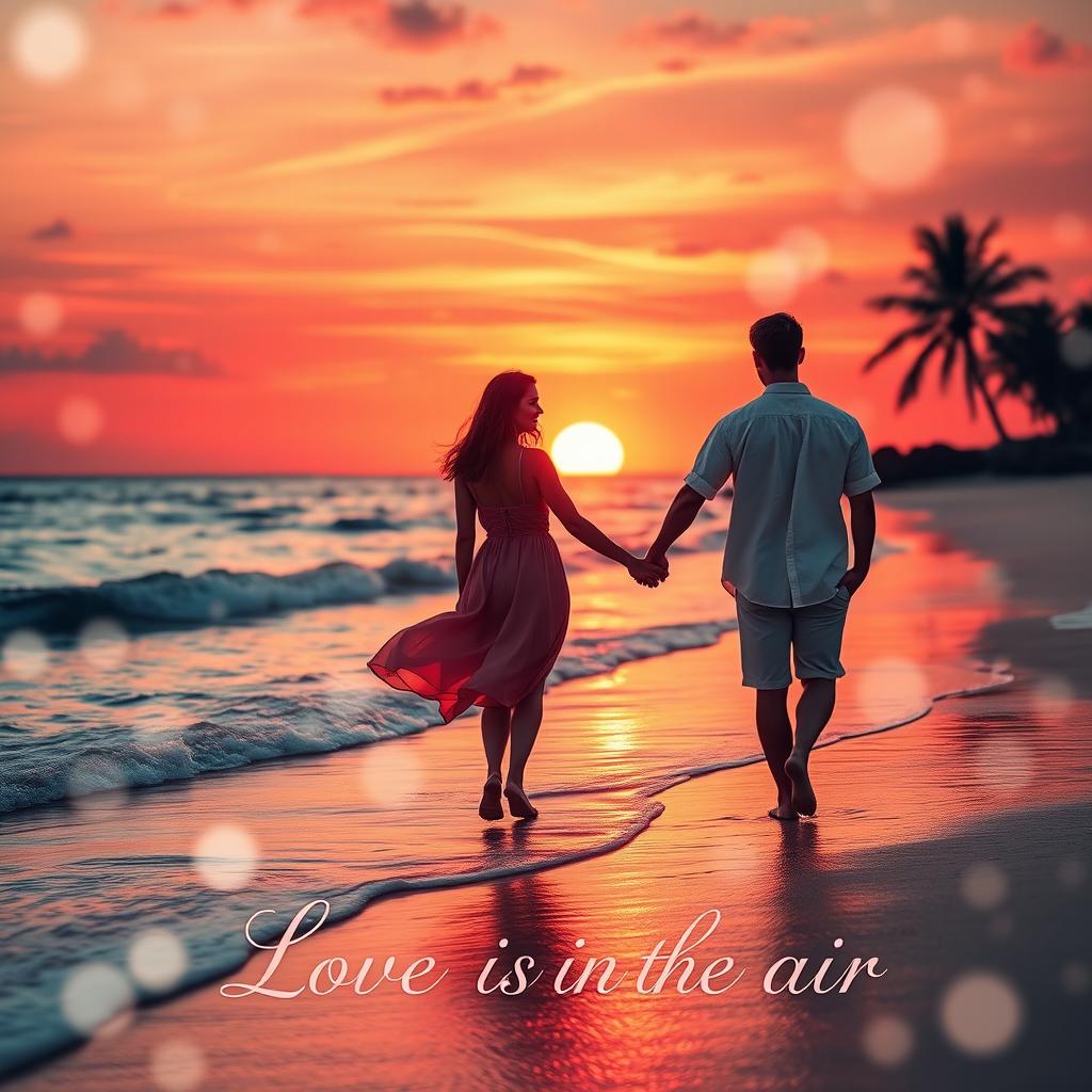 A romantic poster featuring a stunning sunset at the beach, with a couple holding hands, silhouetted against the vibrant orange and pink hues of the sky