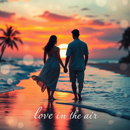 A romantic poster featuring a stunning sunset at the beach, with a couple holding hands, silhouetted against the vibrant orange and pink hues of the sky