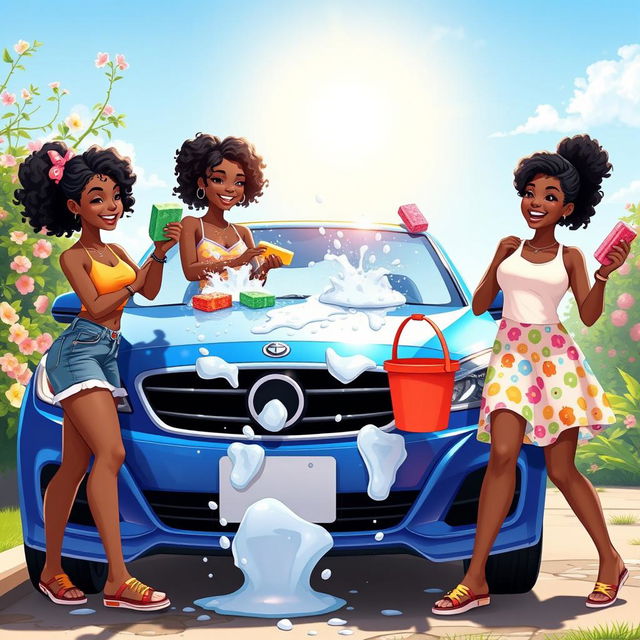 An animated illustration featuring three black teenage girls joyfully washing a shiny blue car on a sunny day