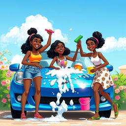 An animated illustration featuring three black teenage girls joyfully washing a shiny blue car on a sunny day