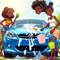An animated illustration featuring three black teenage girls joyfully washing a shiny blue car on a sunny day
