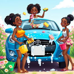 An animated illustration featuring three black teenage girls joyfully washing a shiny blue car on a sunny day