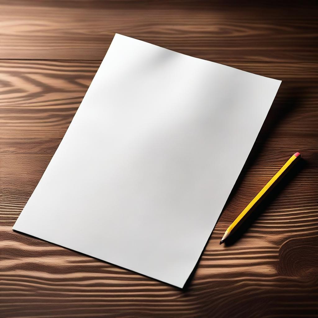 A blank piece of paper laid out on a rich, wooden desk with a pencil neatly placed next to it