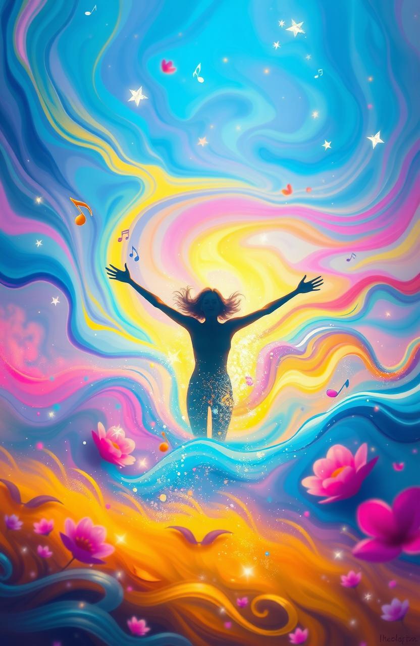 A vibrant and surreal digital painting depicting an abstract concept of 'Euphoria'