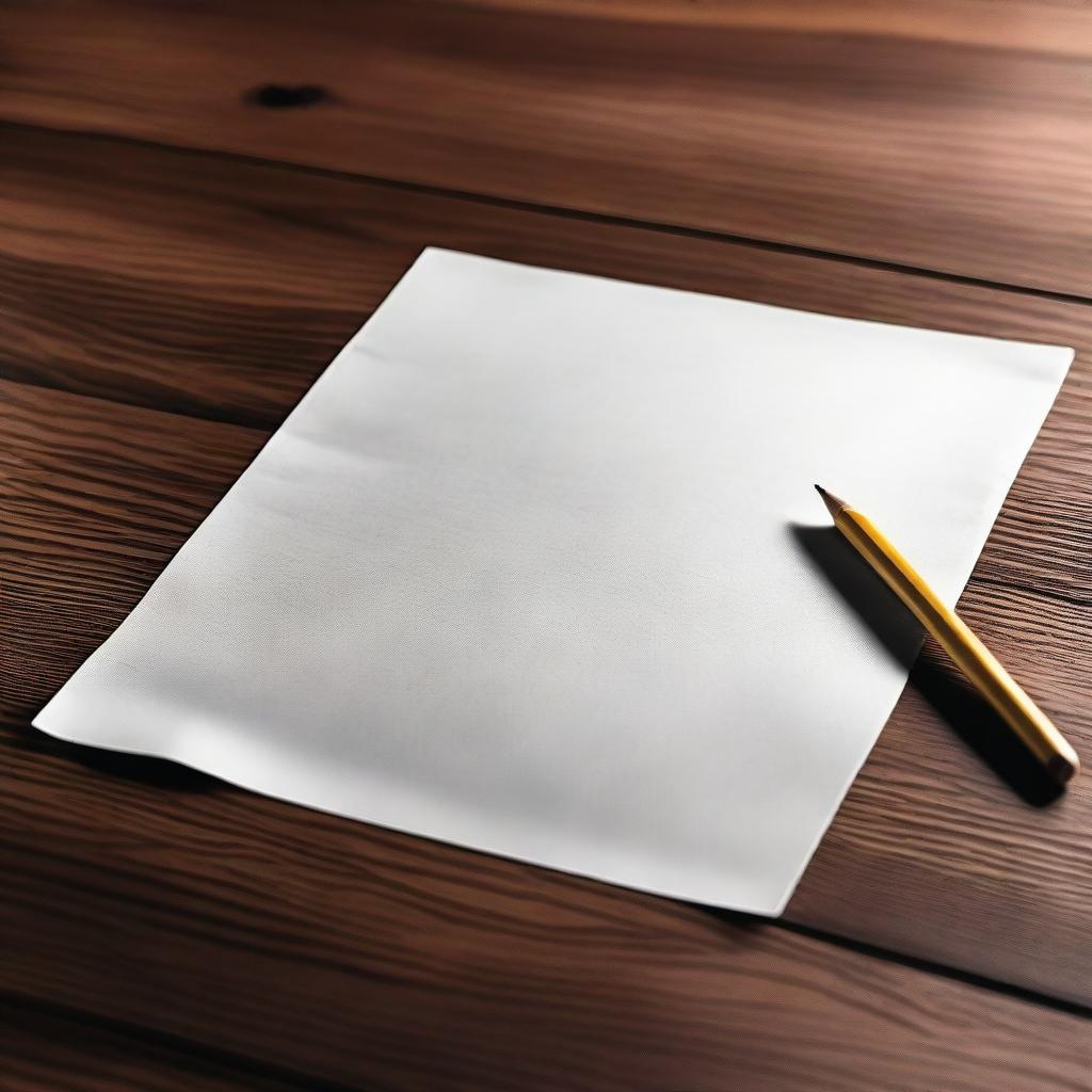 A blank piece of paper laid out on a rich, wooden desk with a pencil neatly placed next to it