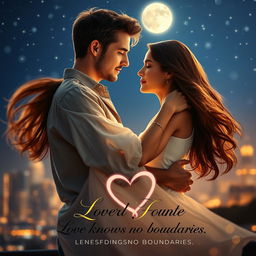 A dreamy and enchanting romantic movie poster featuring a couple in a warm embrace under a starry night sky