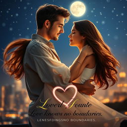 A dreamy and enchanting romantic movie poster featuring a couple in a warm embrace under a starry night sky