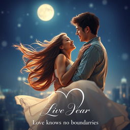 A dreamy and enchanting romantic movie poster featuring a couple in a warm embrace under a starry night sky