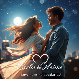 A dreamy and enchanting romantic movie poster featuring a couple in a warm embrace under a starry night sky