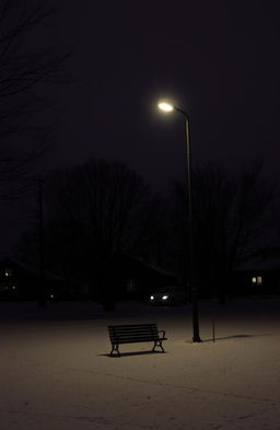 A somber winter scene with a dark, cloudy sky, barren trees, and a lone streetlamp casting a dim light