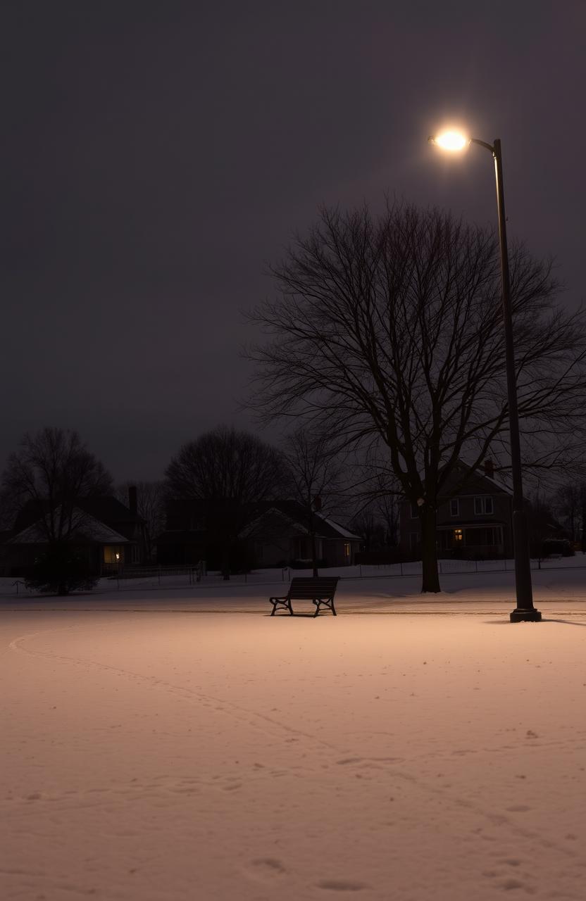 A somber winter scene with a dark, cloudy sky, barren trees, and a lone streetlamp casting a dim light