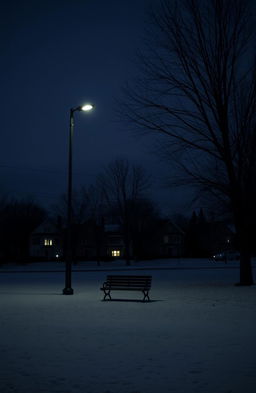 A somber winter scene with a dark, cloudy sky, barren trees, and a lone streetlamp casting a dim light