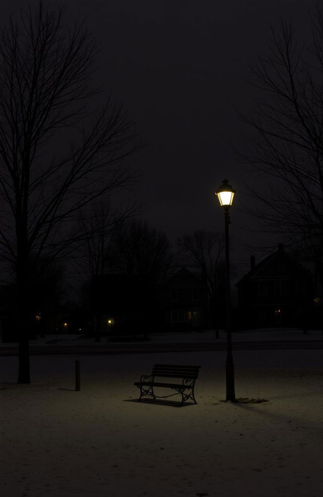 A somber winter scene with a dark, cloudy sky, barren trees, and a lone streetlamp casting a dim light