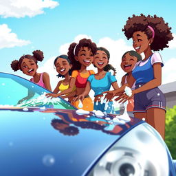 An animated illustration featuring a group of cheerful black teenage girls washing a car on a sunny day