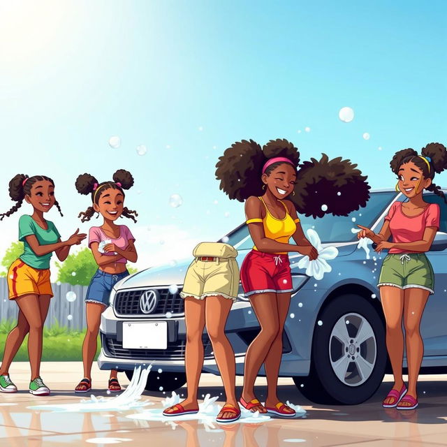 An animated illustration featuring a group of cheerful black teenage girls washing a car on a sunny day