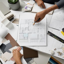 A professional interior designer at work, brainstorming ideas on blueprints and material samples spread out on a sleek, modern office desk, with well-designed, stylish furniture in the background.