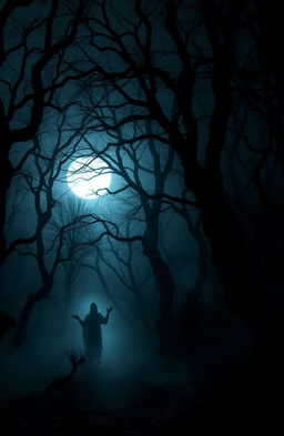 A dark and spooky haunted forest under a full moon, with gnarled trees and creeping fog