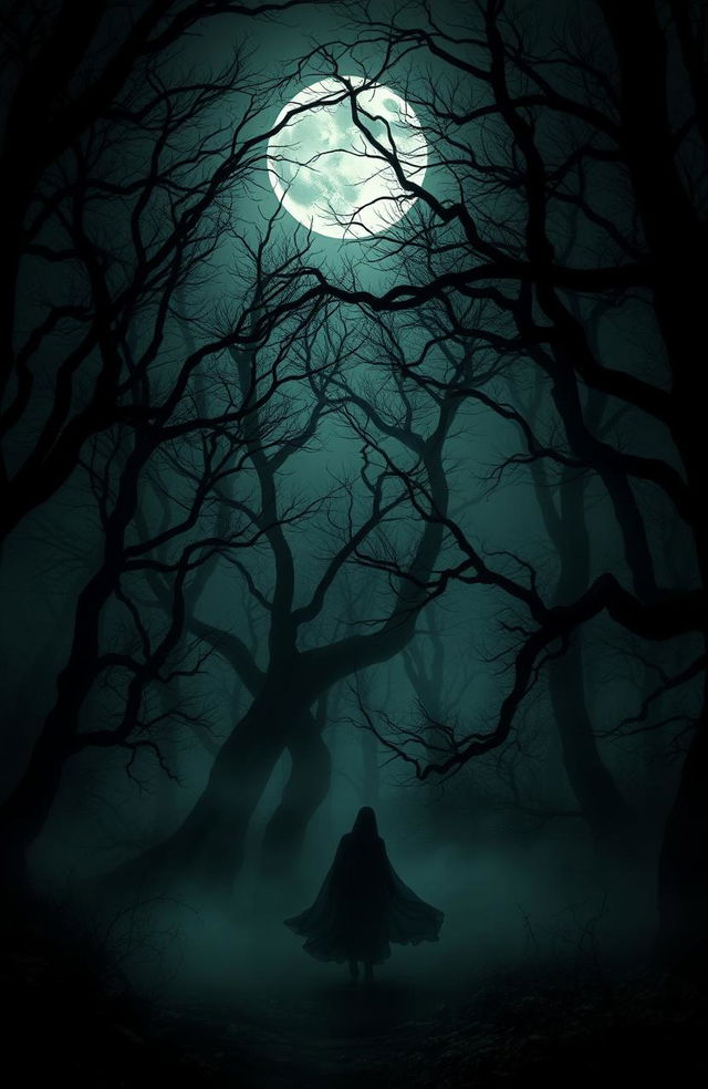 A dark and spooky haunted forest under a full moon, with gnarled trees and creeping fog