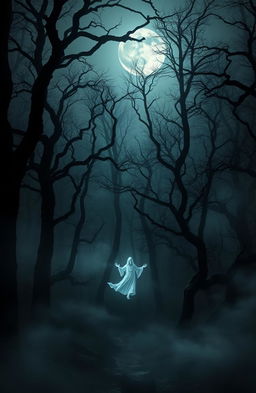 A dark and spooky haunted forest under a full moon, with gnarled trees and creeping fog