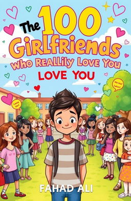 A whimsical book cover for the title 'The 100 Girlfriends Who Really Really Love You'