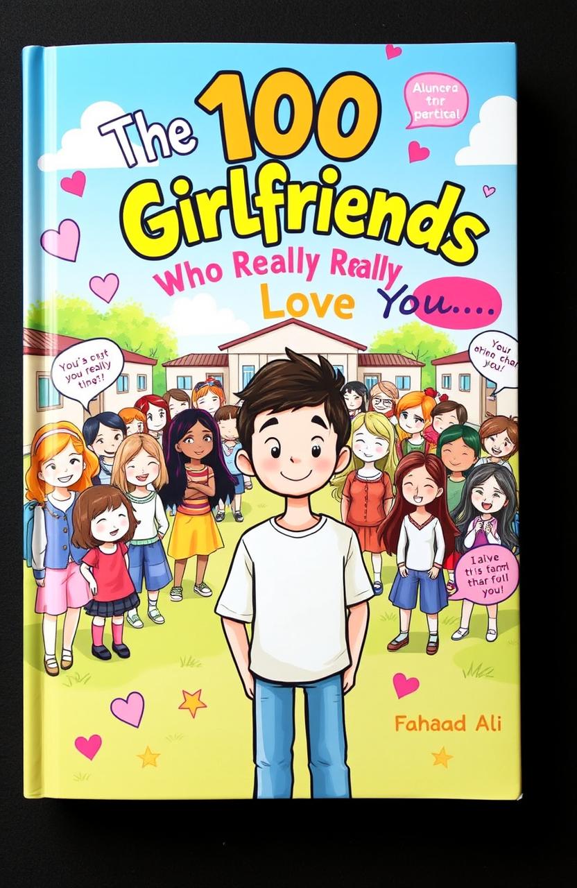 A whimsical book cover for the title 'The 100 Girlfriends Who Really Really Love You'